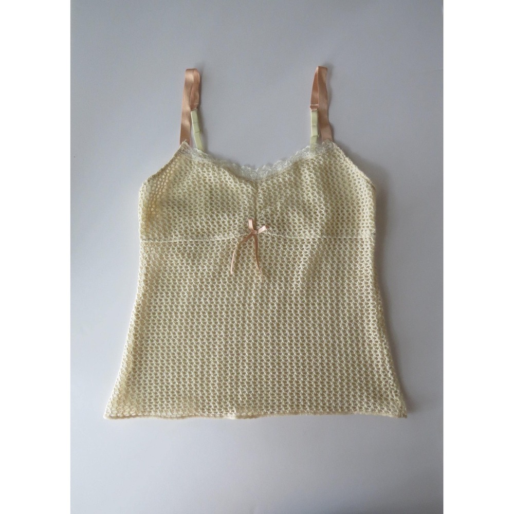 Vintage 00s Italian Open Knit Mesh Cami with Peach Straps, Pink Bows
